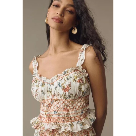 NWT By Anthropologie Sleeveless Smocked Waist Ruffled Midi Dress Size XL - Picture 3 of 15